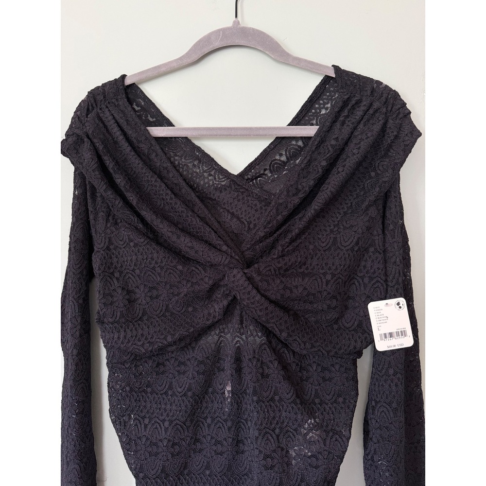 Free People Hold Me Closer Top Black Lace V-Neck Long Sleeve Shirt Large NWT NEW - Picture 6 of 10